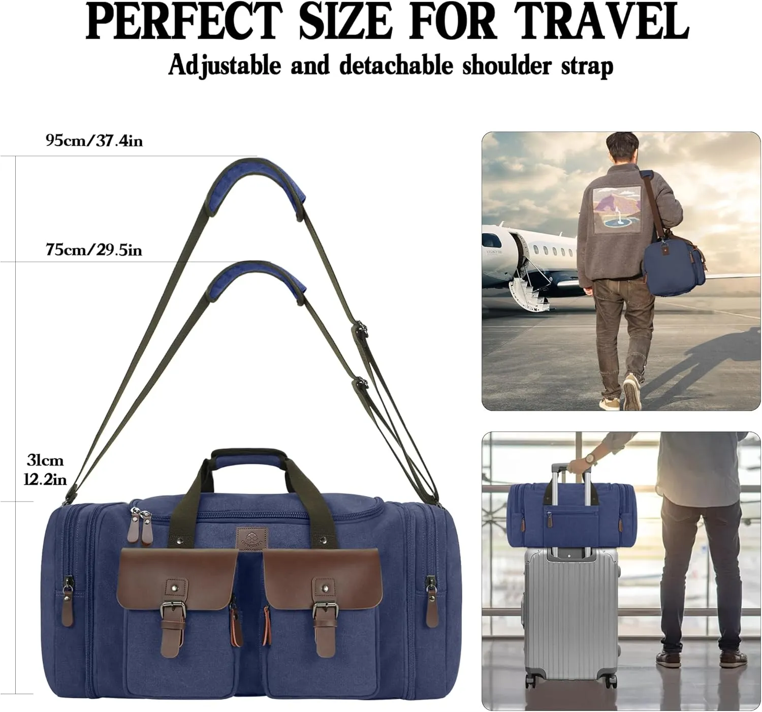 Canvas Duffle Bag for Men 60L Travel Duffel Bags Expandable Genuine Leather Duffel Overnight Weekender Carry On Bag Two Zipper Pockets Travel Bag(Blue, X Large-60L)