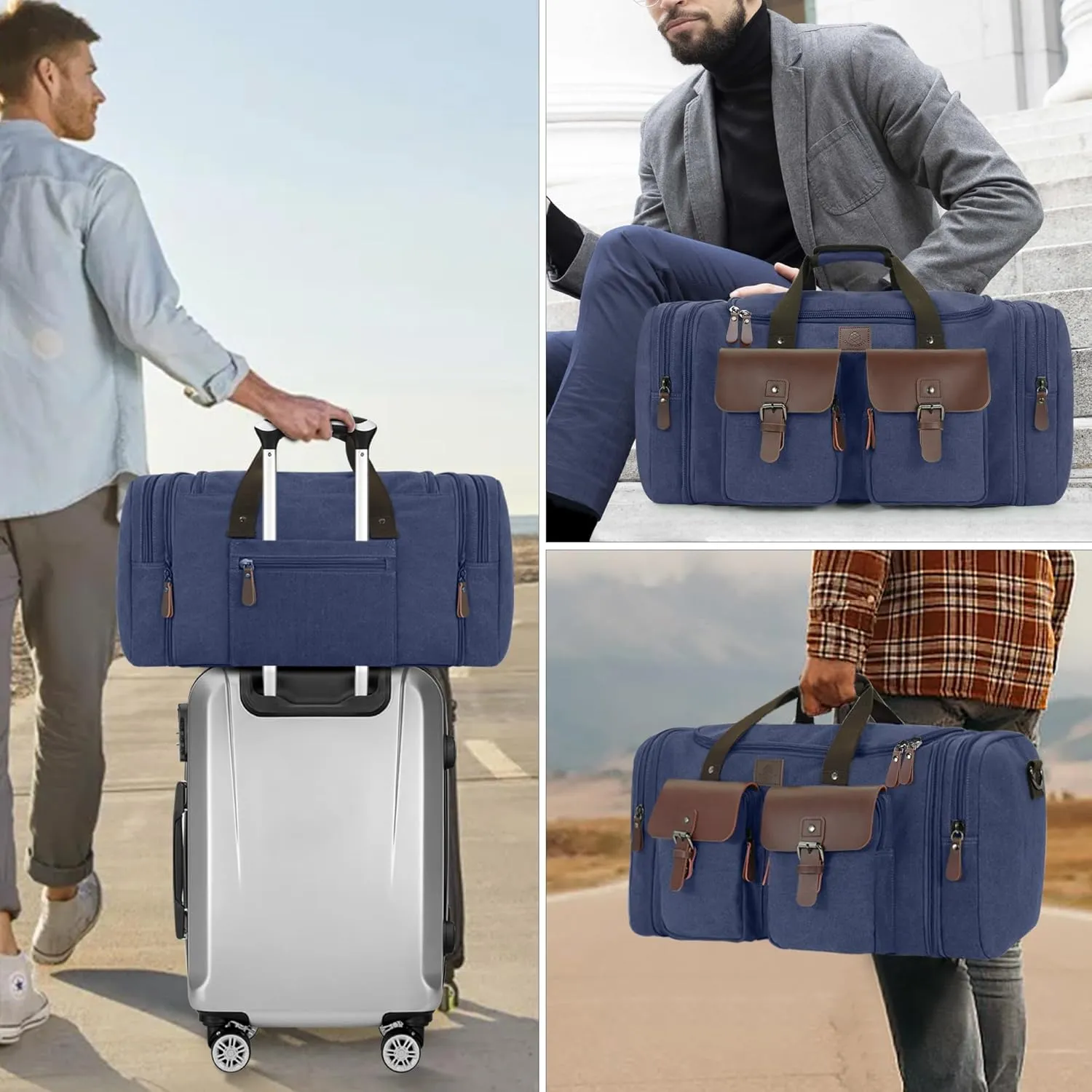 Canvas Duffle Bag for Men 60L Travel Duffel Bags Expandable Genuine Leather Duffel Overnight Weekender Carry On Bag Two Zipper Pockets Travel Bag(Blue, X Large-60L)