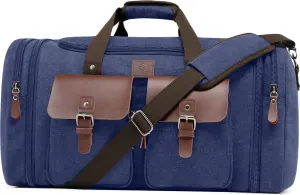 Canvas Duffle Bag for Men 60L Travel Duffel Bags Expandable Genuine Leather Duffel Overnight Weekender Carry On Bag Two Zipper Pockets Travel Bag(Blue, X Large-60L)
