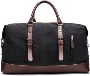 Canvas Travel Bag Men PU Leather Outdoor Luggage Travel Fitness Photography Bag Large Capacity Handbag Backpack(Black)
