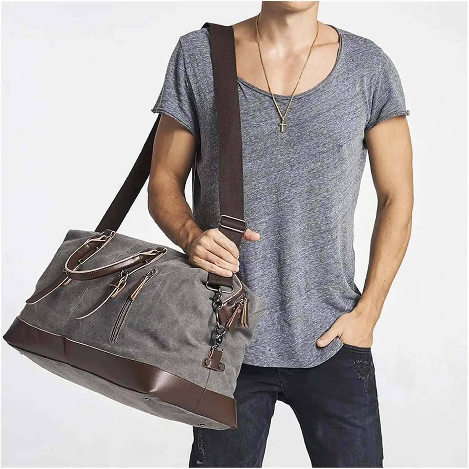 Canvas Travel Bag Men PU Leather Outdoor Luggage Travel Fitness Photography Bag Large Capacity Handbag Backpack(Black)