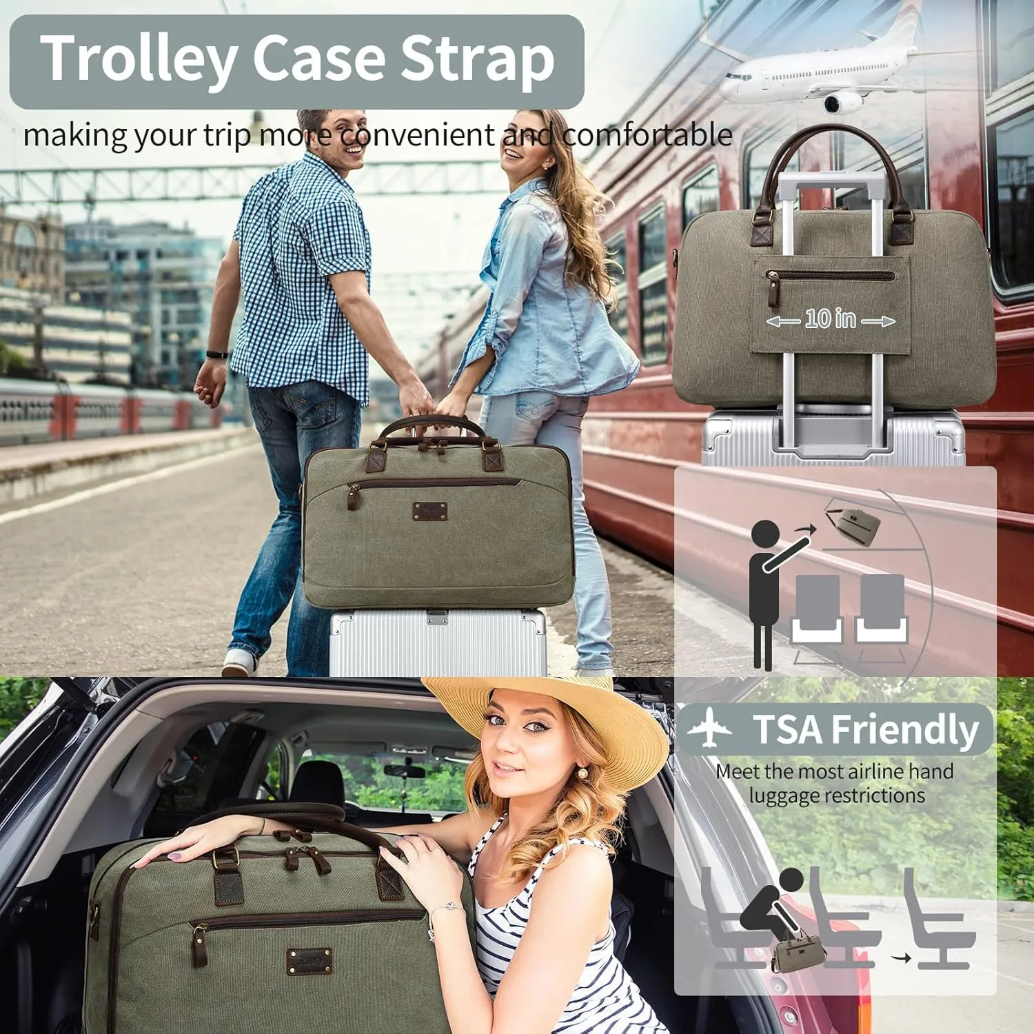 Canvas Travel Duffle Bag for Men Women, Foldable Carry on Bags for Airplanes with Toiletry Bag Overnight Weekender Vocation Bag Gym Tote Bag, Army Green