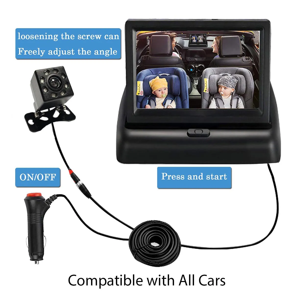 Car Mirror, Custom Fit For Your Cars, 4.3'' HD Night Vision Function Car Mirror Display, Safety Car Seat Mirror Camera Monitored Mirror with Wide Crystal Clear View, Aimed at Baby, Easily Observe the Baby’s Move