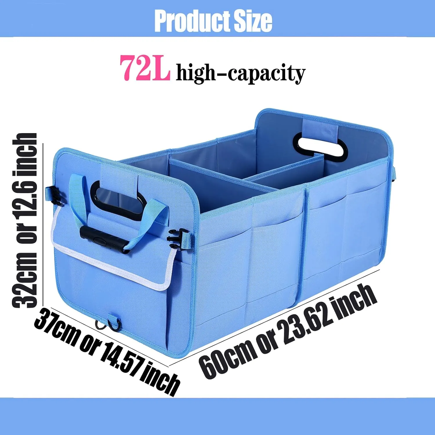 Car Suv Trunk Organizer,Sturdy Storage Organizer for Car Accessories,Tools,Sundries.Upgraded 4 Carrying Handles,72L,Foldable,Waterproof,Multi Compartment,2 Straps for Fixation(Blue)