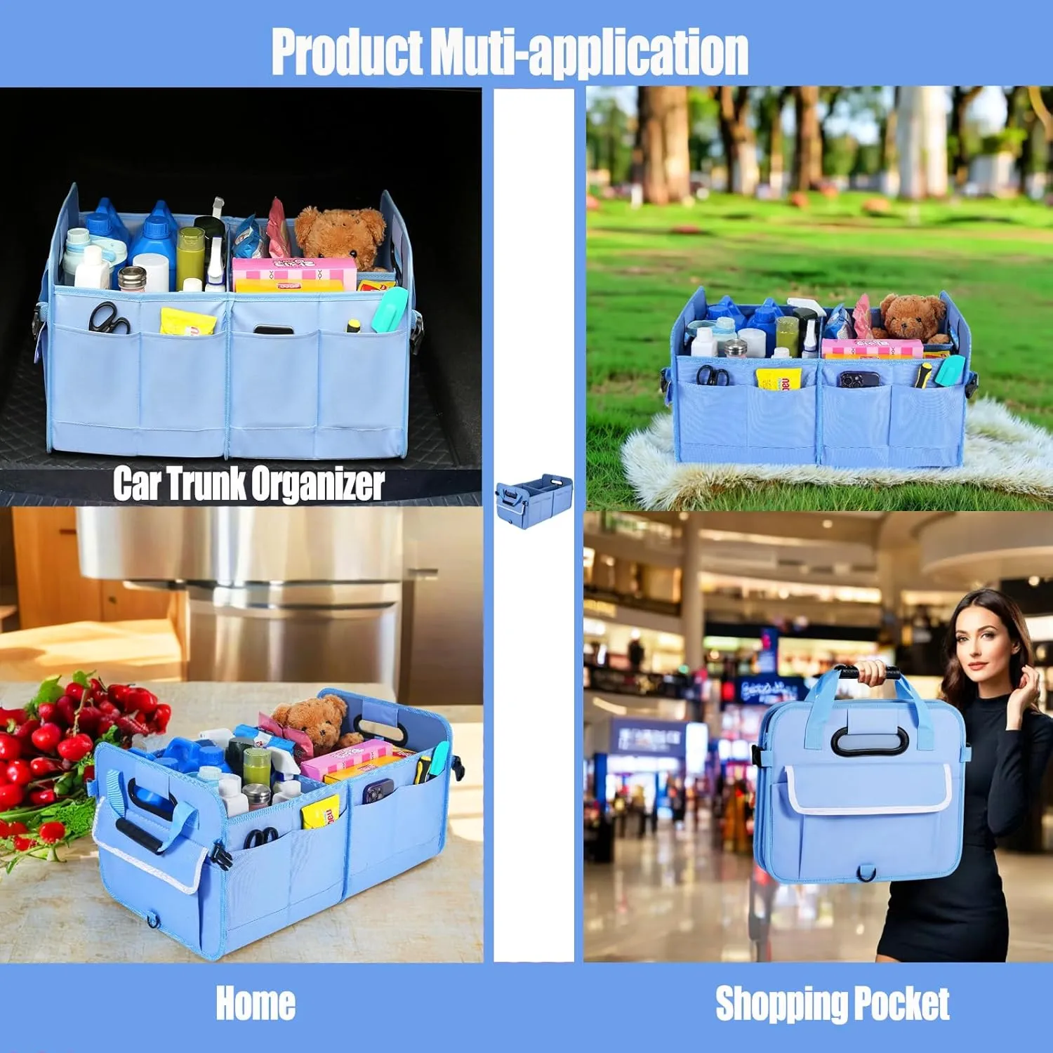 Car Suv Trunk Organizer,Sturdy Storage Organizer for Car Accessories,Tools,Sundries.Upgraded 4 Carrying Handles,72L,Foldable,Waterproof,Multi Compartment,2 Straps for Fixation(Blue)