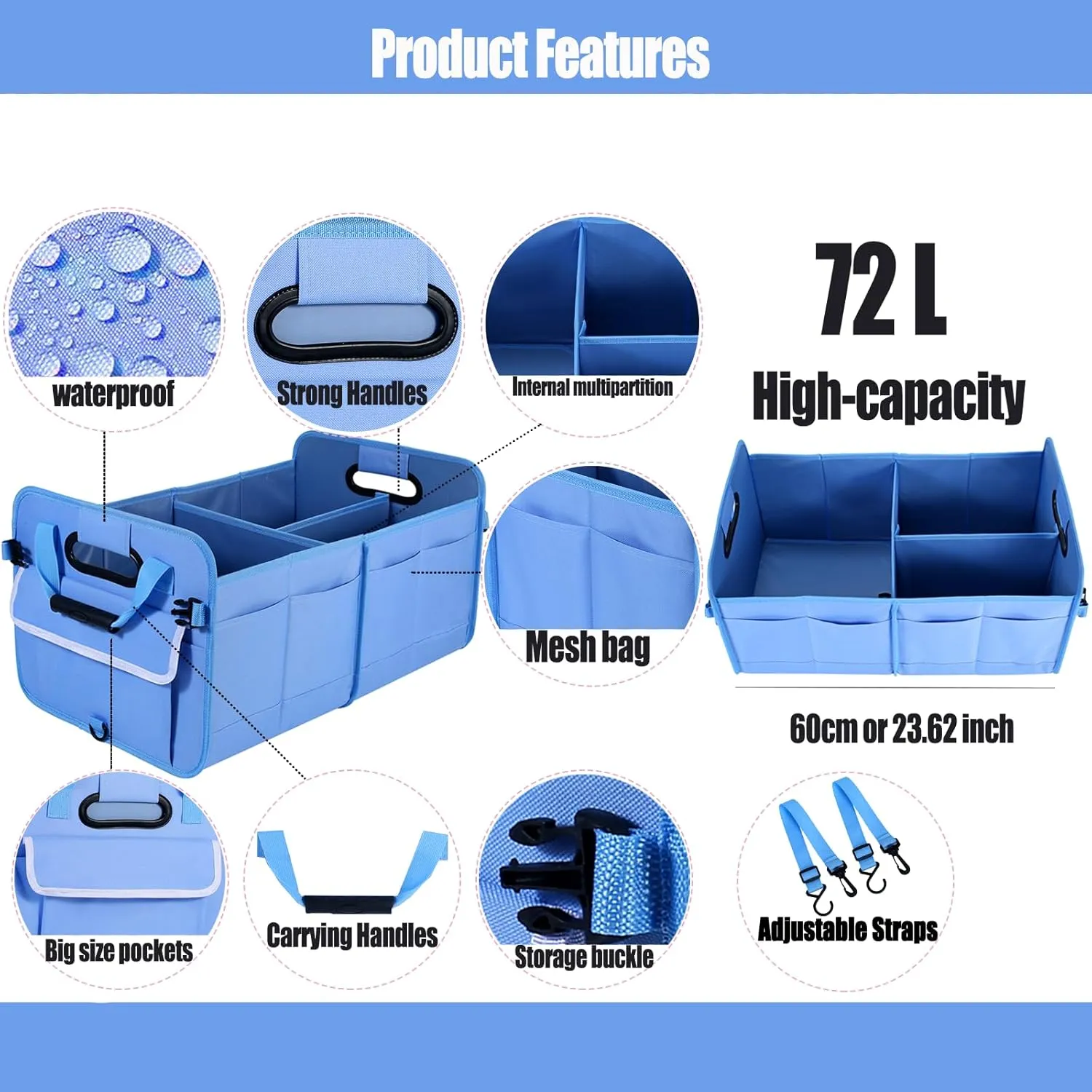 Car Suv Trunk Organizer,Sturdy Storage Organizer for Car Accessories,Tools,Sundries.Upgraded 4 Carrying Handles,72L,Foldable,Waterproof,Multi Compartment,2 Straps for Fixation(Blue)