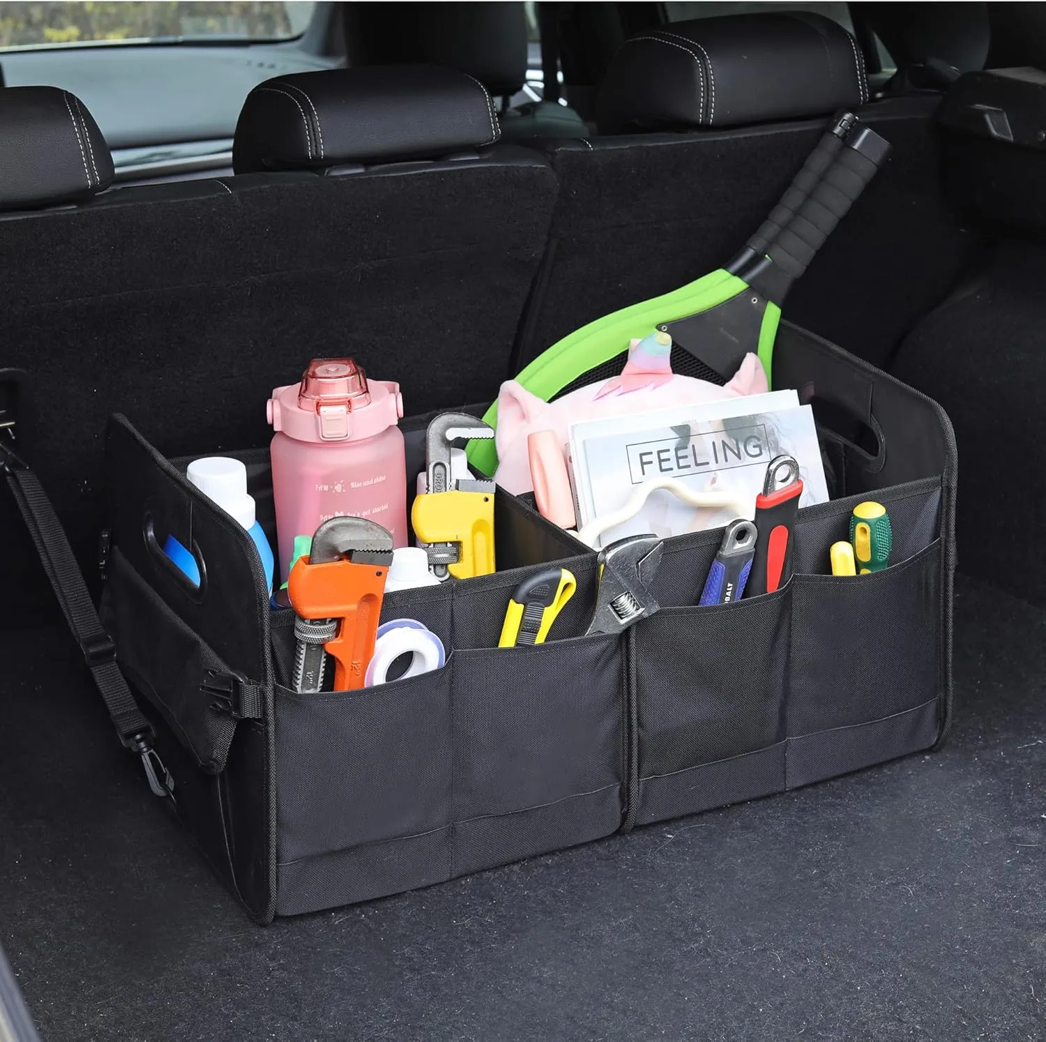 Car Trunk Organizer Car Storage Organizer Collapsible Multi Compartment Car Organizer Adjustable Straps Car Organizer for SUV(Black)
