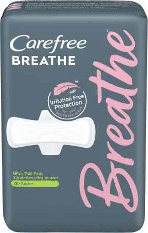 Carefree Breathe Ultra Thin Super Pads with Wings, Irritation-Free Protection, Unscented, 28 Count