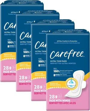 Carefree Ultra Thin Pads for Women, Regular With Wings, 112ct (4 Packs of 28ct) | Feminine Care, Period & Postpartum Pads