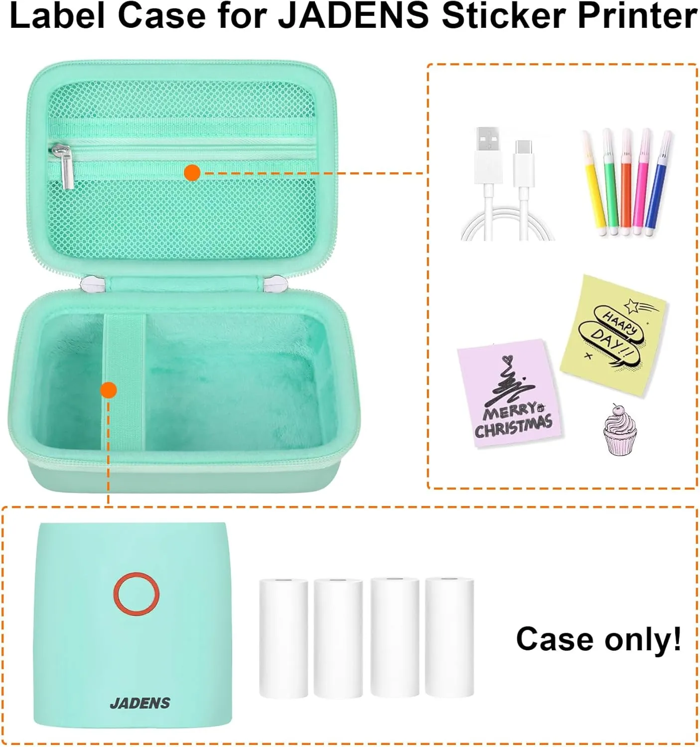 Carrying Case for JADENS JD-21 Mini Sticker Printer, Portable Bluetooth Thermal Pocket Printer Travel Bag, Mesh Pocket for Label Maker Rolls, USB Cable, Green