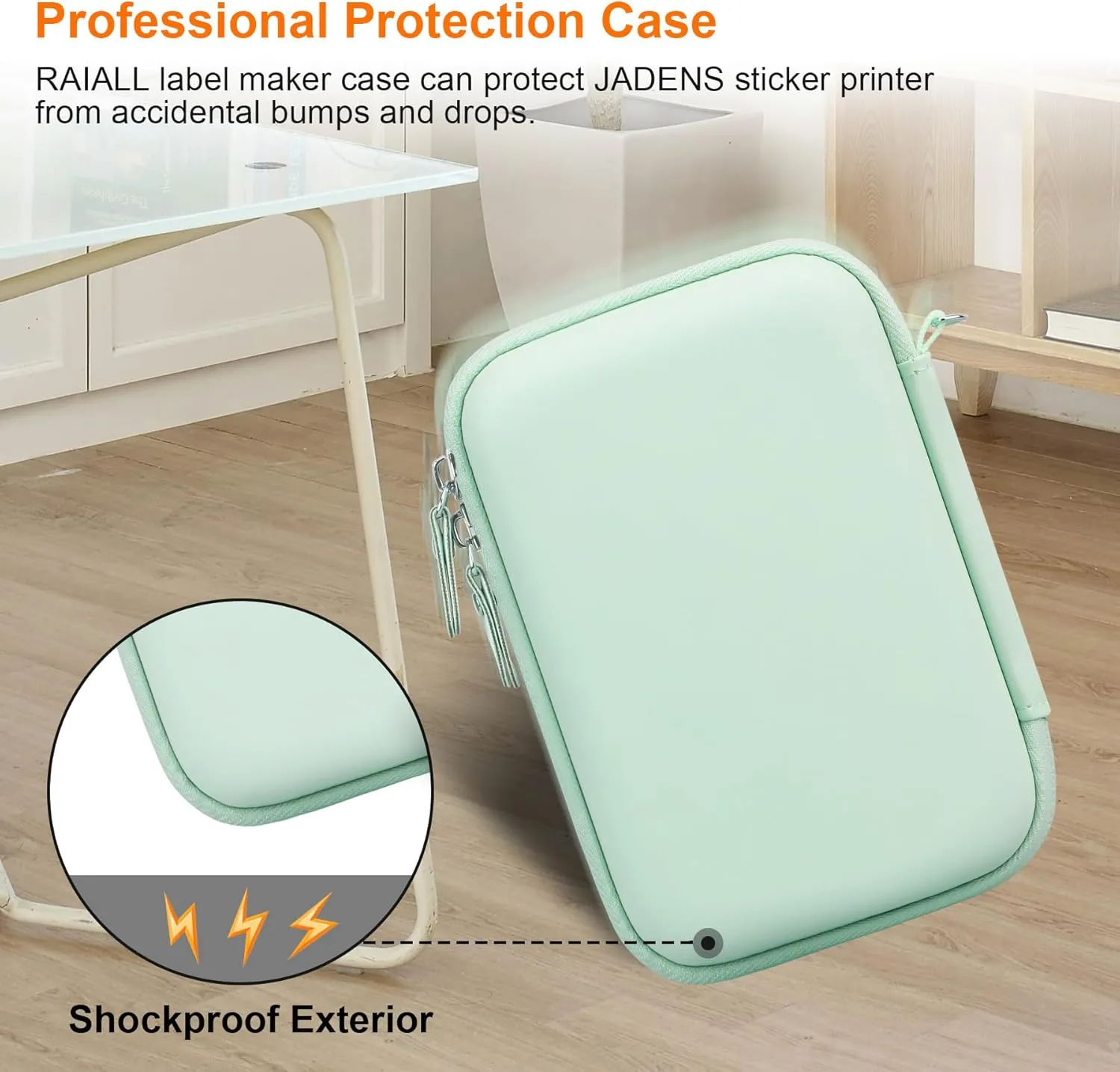 Carrying Case for JADENS JD-21 Mini Sticker Printer, Portable Bluetooth Thermal Pocket Printer Travel Bag, Mesh Pocket for Label Maker Rolls, USB Cable, Green