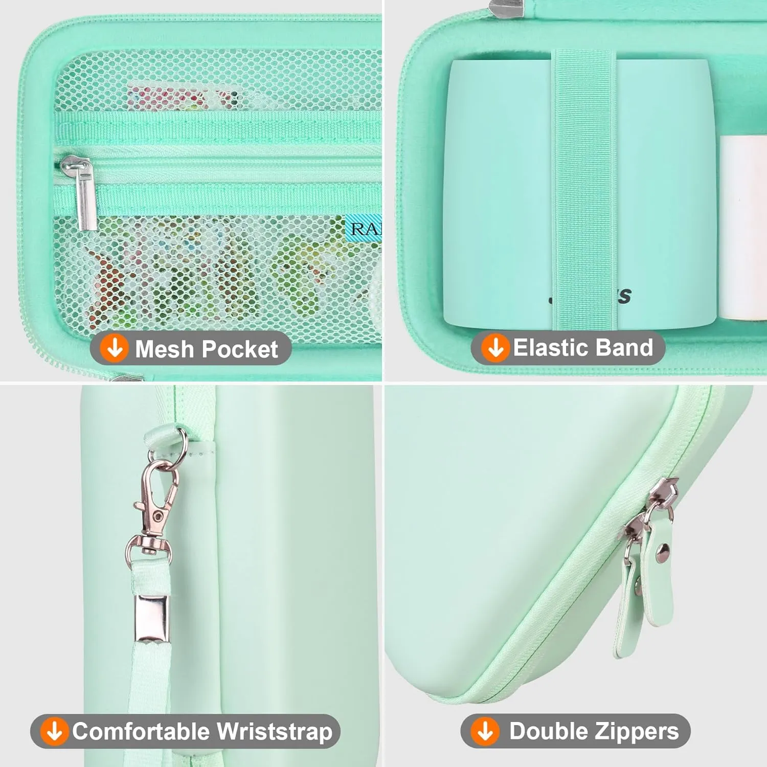 Carrying Case for JADENS JD-21 Mini Sticker Printer, Portable Bluetooth Thermal Pocket Printer Travel Bag, Mesh Pocket for Label Maker Rolls, USB Cable, Green
