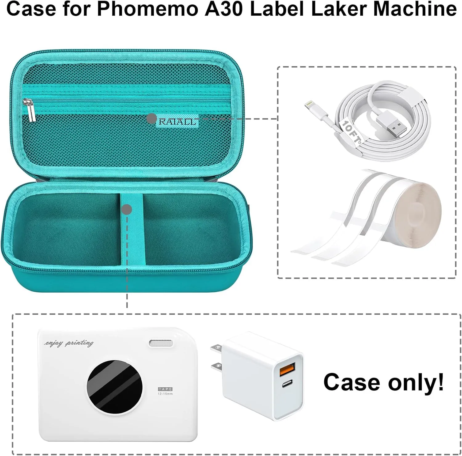 Carrying Case for Phomemo A30 Label Printer, A30 Thermal Bluetooth Mini Label Maker Travel Storage Holder, Sticker Printer Bag with Shoulder Strap Fits Label Paper, Charger and Cable, Green