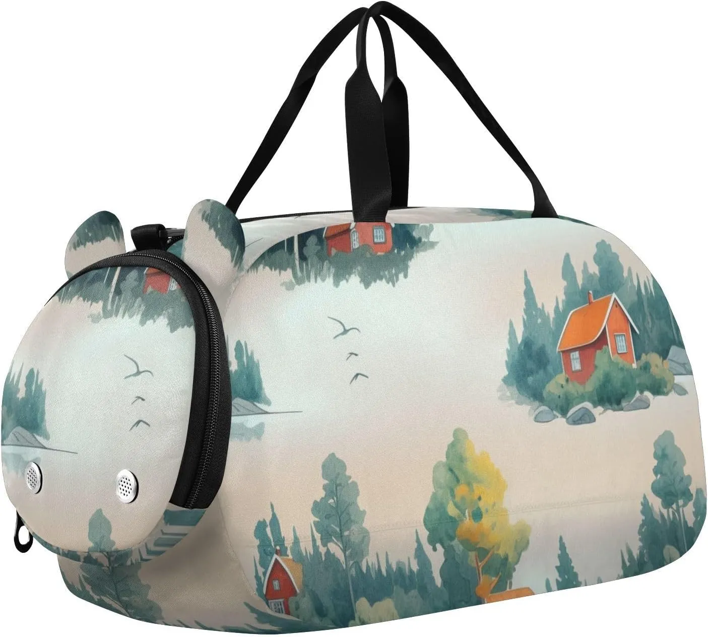 Cartoon Farmhouse Landscape Duffle Bag for Girl, Sports Duffle Gym Bags with Shoe Compartment, Personalized Overnight Bag Travel Weekender for Kids