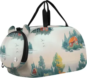 Cartoon Farmhouse Landscape Duffle Bag for Girl, Sports Duffle Gym Bags with Shoe Compartment, Personalized Overnight Bag Travel Weekender for Kids