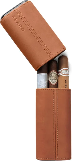 CASE ELEGANCE Three-Cigar Travel Case with Real Saddle Brown Leather, Cedar Lined Interior, Monogrammable, Fits up to a 60 Gauge Cigar, Travel Ready, Quality Stitching, Gun Metal Ends, Gift Packaging