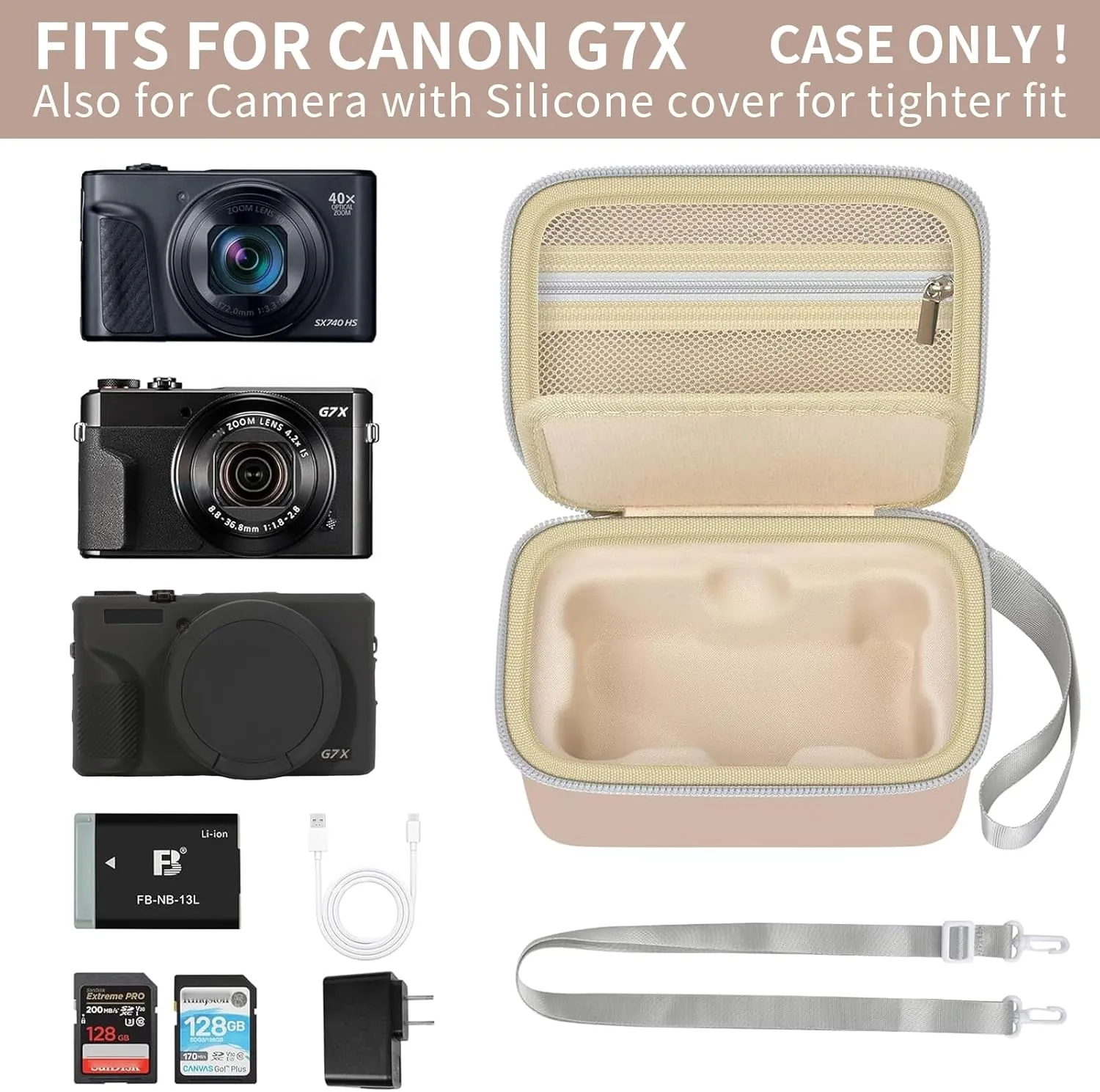 Case for Canon PowerShot SX740/ SX720/ G7X Mark III/ Mark II/ 4K Digital Camera, Point and Shoot Camera Bag With Padded Divider Holds SD Cards, Mesh Pocket for Usb Cable, Accessories-Pink(Box Only)