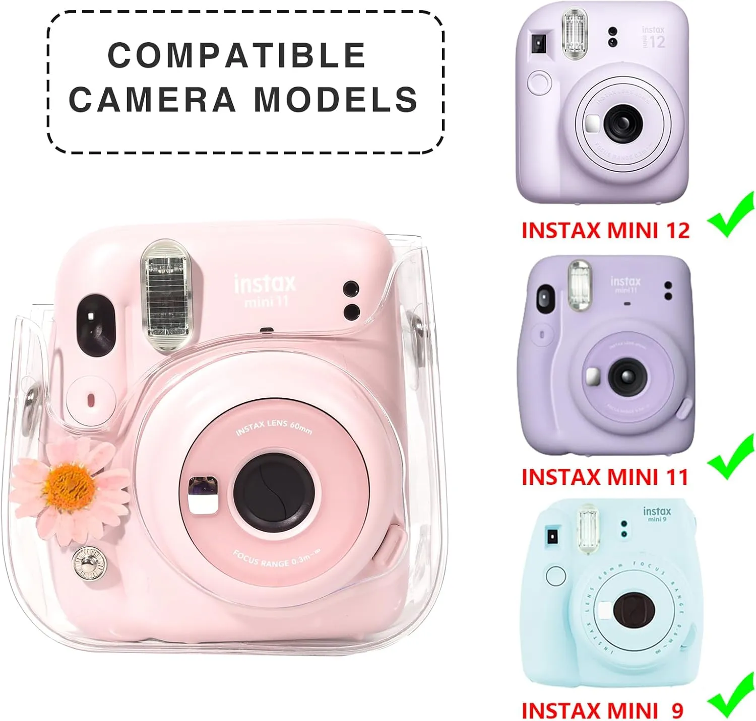 Case for Fujifilm Mini 12/11/9/8 Instant Camera Protective Bag with Transparent Shoulder Strap (Real Flower - Pink)(No Camera)