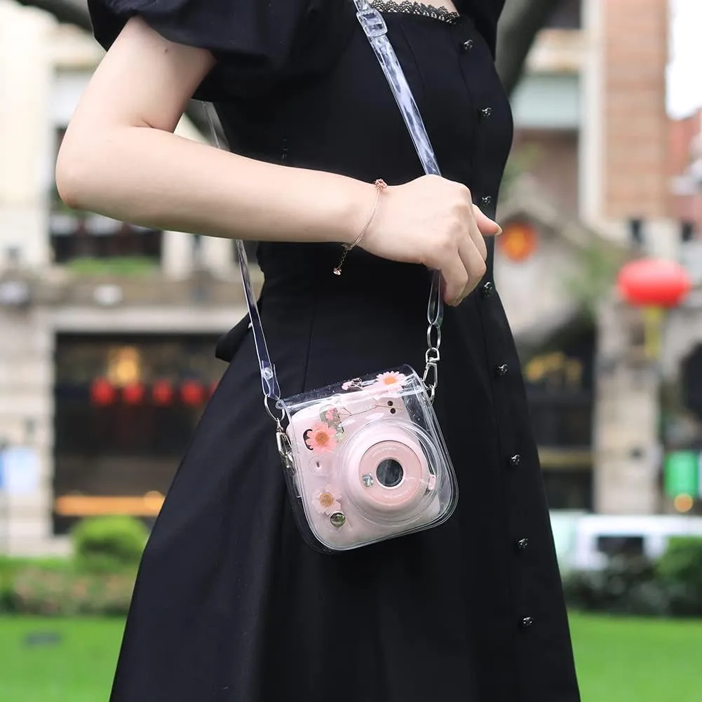 Case for Fujifilm Mini 12/11/9/8 Instant Camera Protective Bag with Transparent Shoulder Strap (Real Flower - Pink)(No Camera)