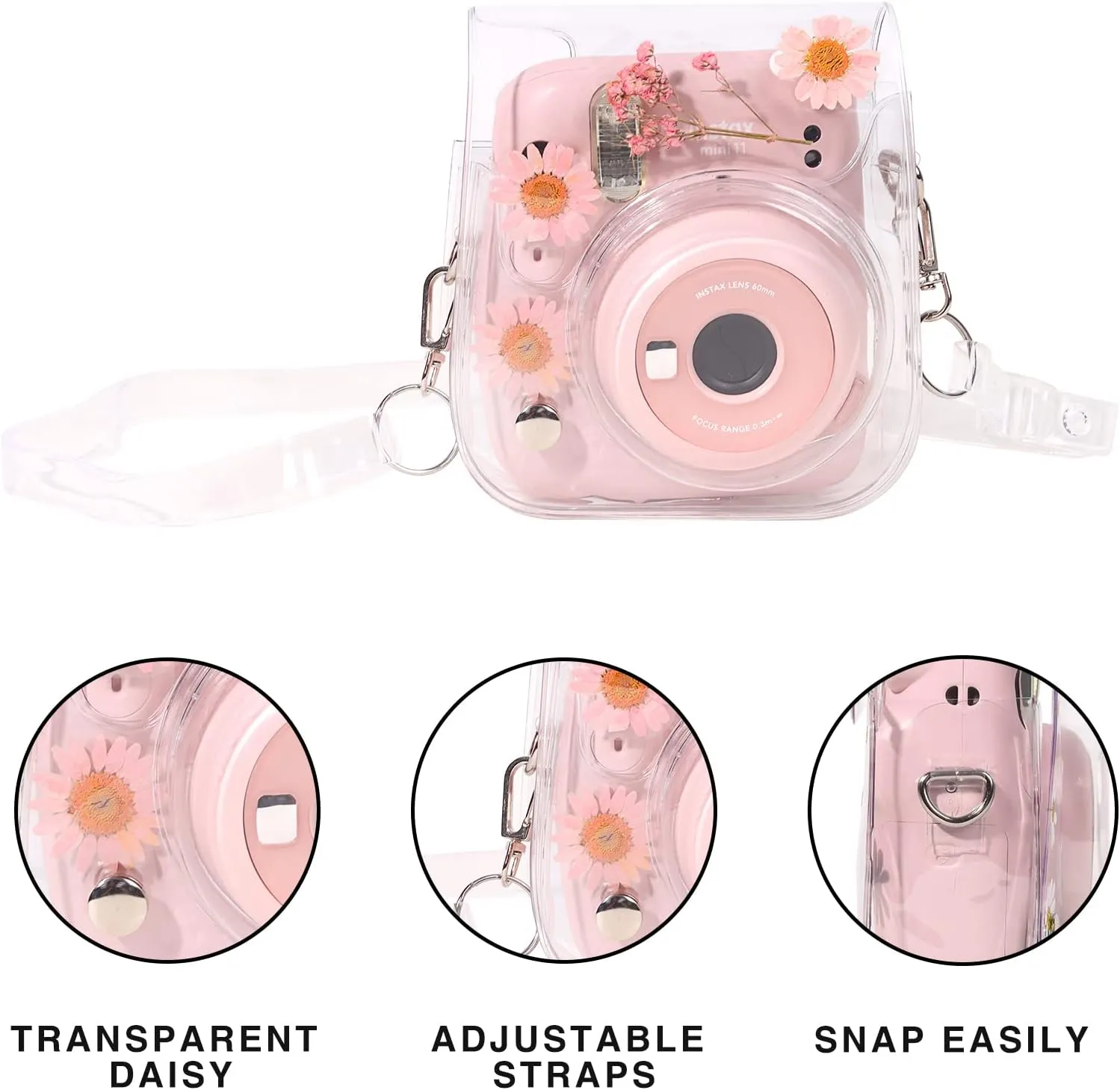 Case for Fujifilm Mini 12/11/9/8 Instant Camera Protective Bag with Transparent Shoulder Strap (Real Flower - Pink)(No Camera)