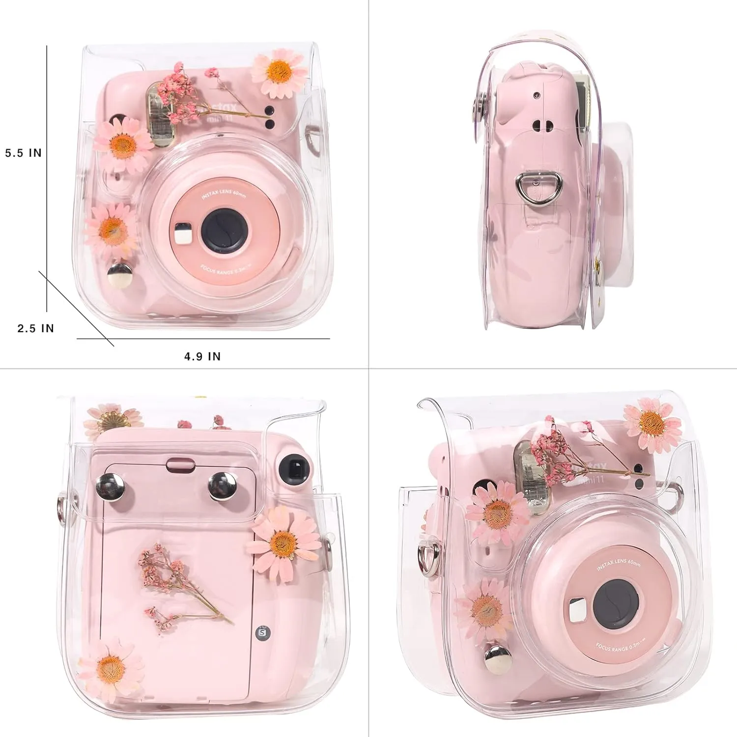 Case for Fujifilm Mini 12/11/9/8 Instant Camera Protective Bag with Transparent Shoulder Strap (Real Flower - Pink)(No Camera)