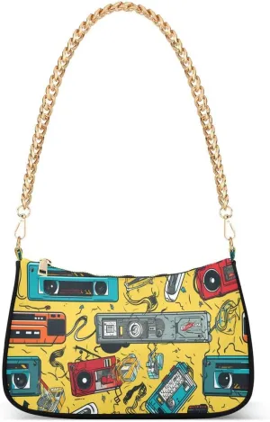 Cassette Tape Music Yellow Tote Bag Hobo Handbag for Women Ladies Shoulder Bag Mini Clutch Purse with Zipper Closure