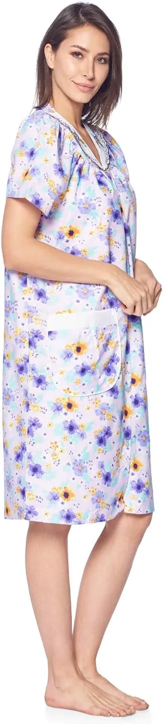 Casual Nights Women's Snap - Front House Dress Short Sleeve Woven Housecoat Duster Lounger Robe with Pockets