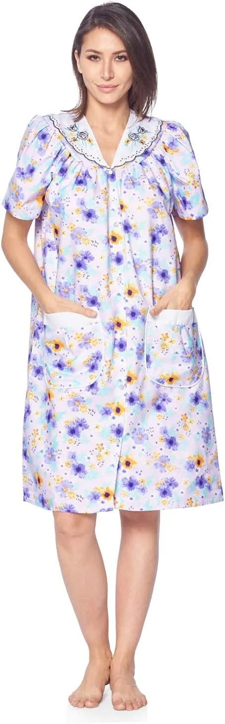 Casual Nights Women's Snap - Front House Dress Short Sleeve Woven Housecoat Duster Lounger Robe with Pockets