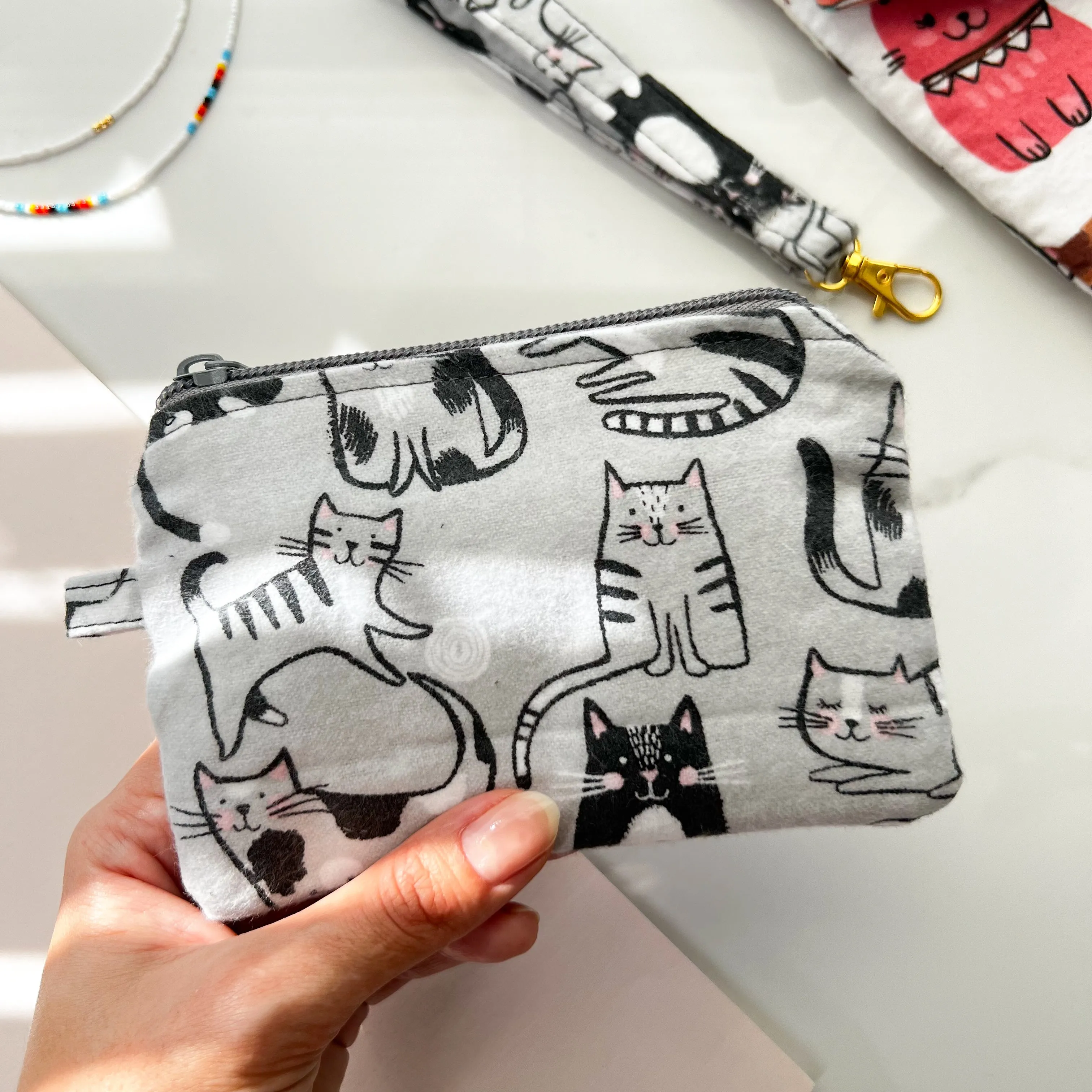 Cat Design Fabric Zipper Pouch, Handmade Coin Purse
