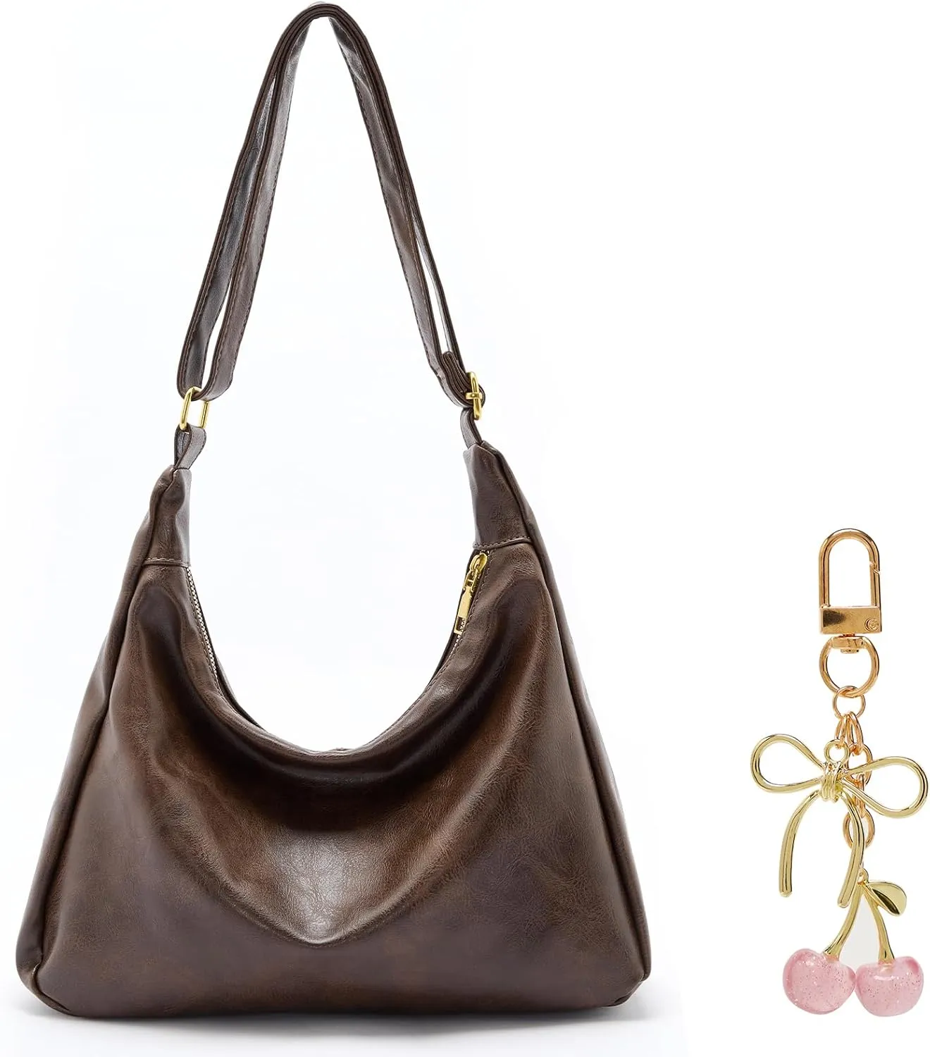 celestina Brown Vegan Leather Hobo Bag with Pink Cherry Keychain – Elegant Tote & Cute Charm Gift Set for Women, Ideal for Daily, Work & Travel