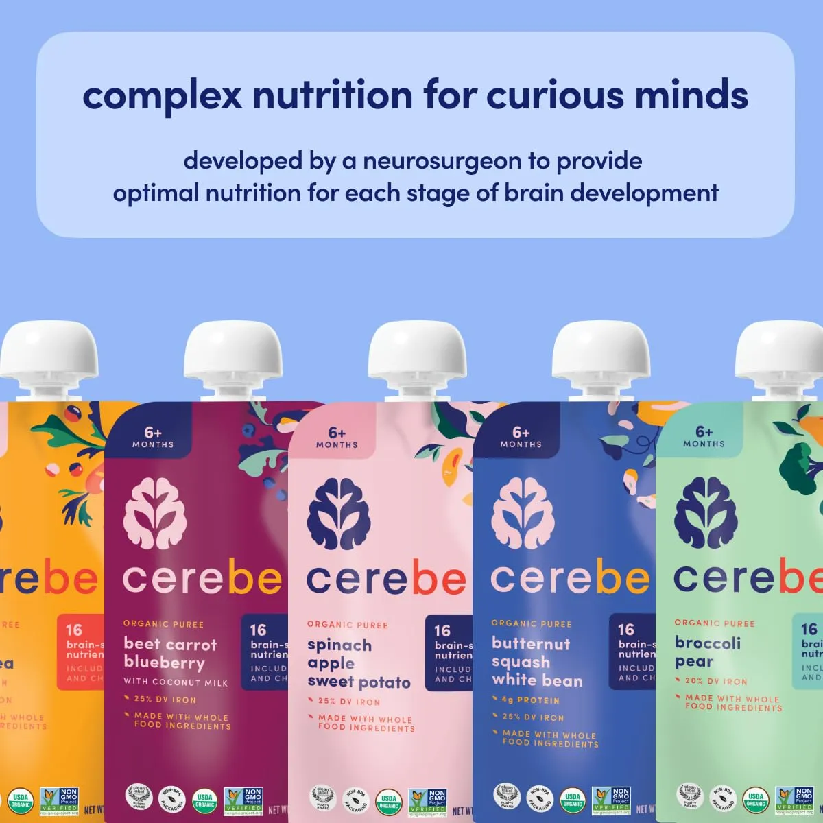 Cerebelly Organic Baby Food Pouches – 6  Months Organic Dairy-Free Smoothie Pouches | No Added Sugar, Fiber, Non-GMO | Toddler Pouches | 4 Ounce BPA-Free Baby Pouch | Purple Carrot Blueberry | 6 Count