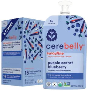 Cerebelly Organic Baby Food Pouches – 6  Months Organic Dairy-Free Smoothie Pouches | No Added Sugar, Fiber, Non-GMO | Toddler Pouches | 4 Ounce BPA-Free Baby Pouch | Purple Carrot Blueberry | 6 Count
