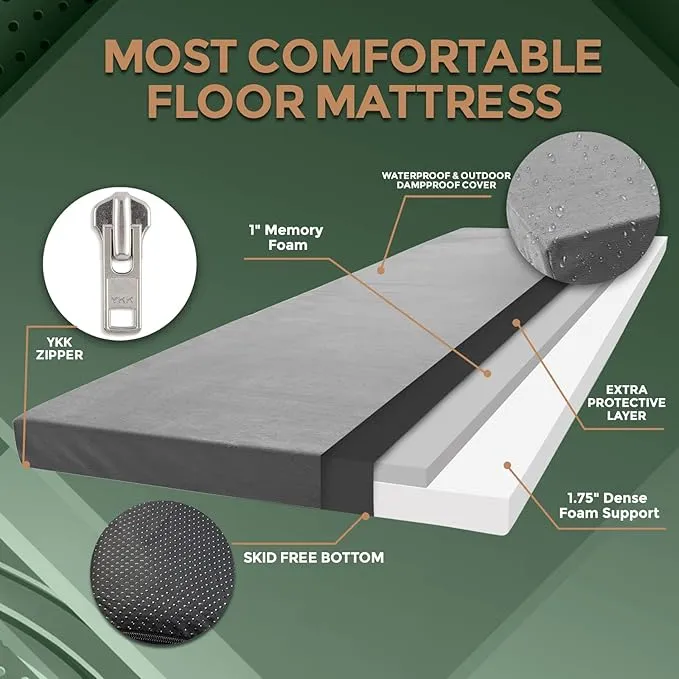 CertiPUR-US Memory Foam Camping Mattress Pad | Portable Roll Up Sleep Mat for Floor, Tent, Car | Single, Twin, Kids Guest Bed Outdoor Cot, Foldable Lightweight w/Removable Waterproof Cover, Travel Bag