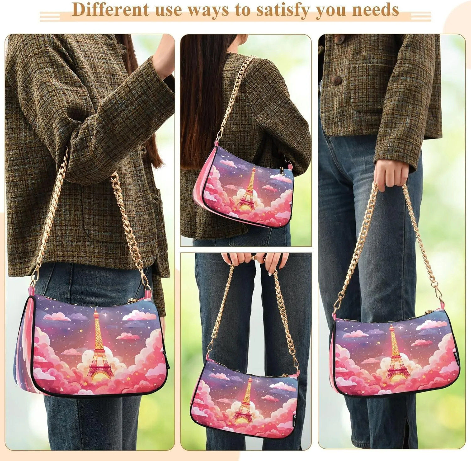 Chain Shoulder Bag Hobo Tote Handbag Mini Clutch Purse with Zipper Closure for Women