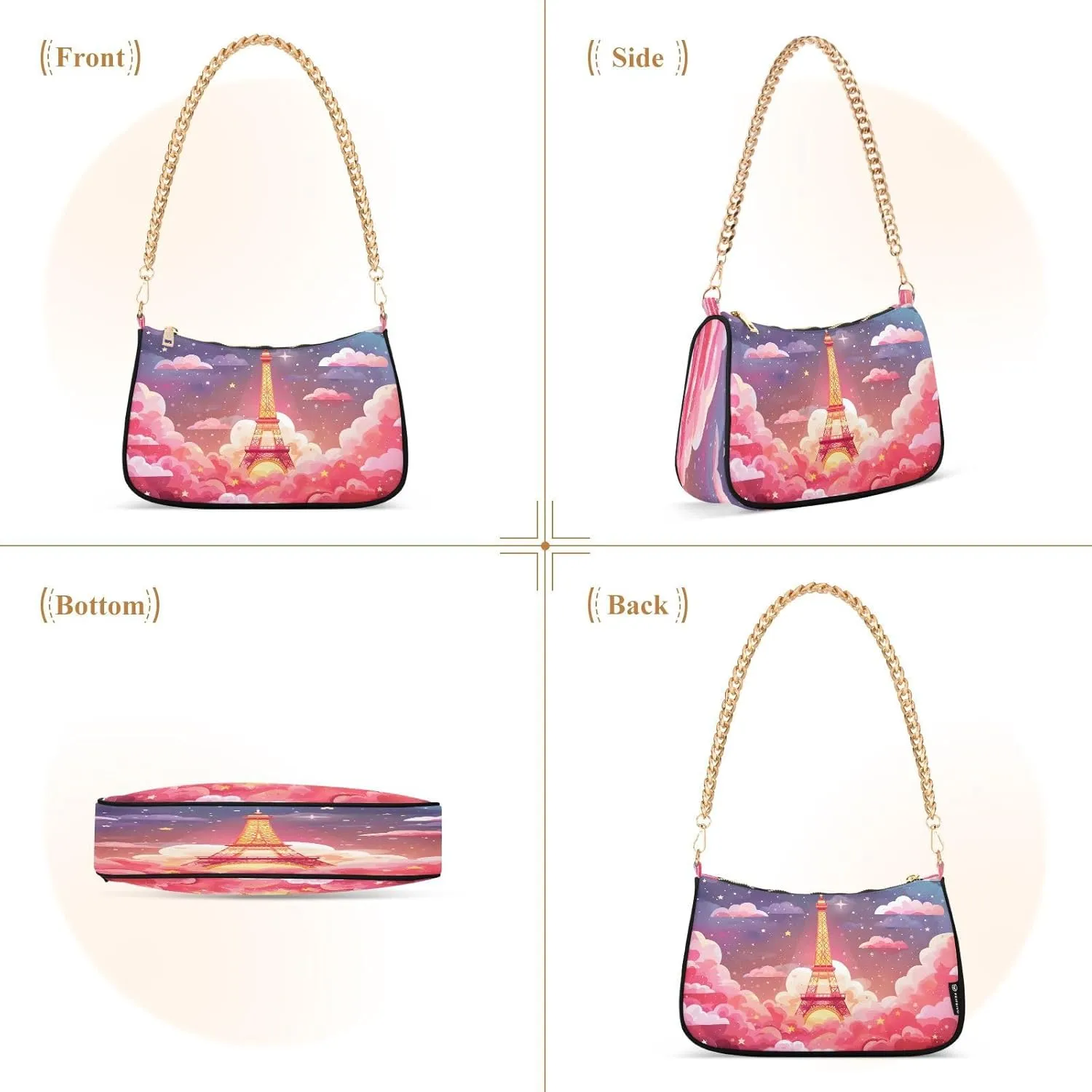 Chain Shoulder Bag Hobo Tote Handbag Mini Clutch Purse with Zipper Closure for Women
