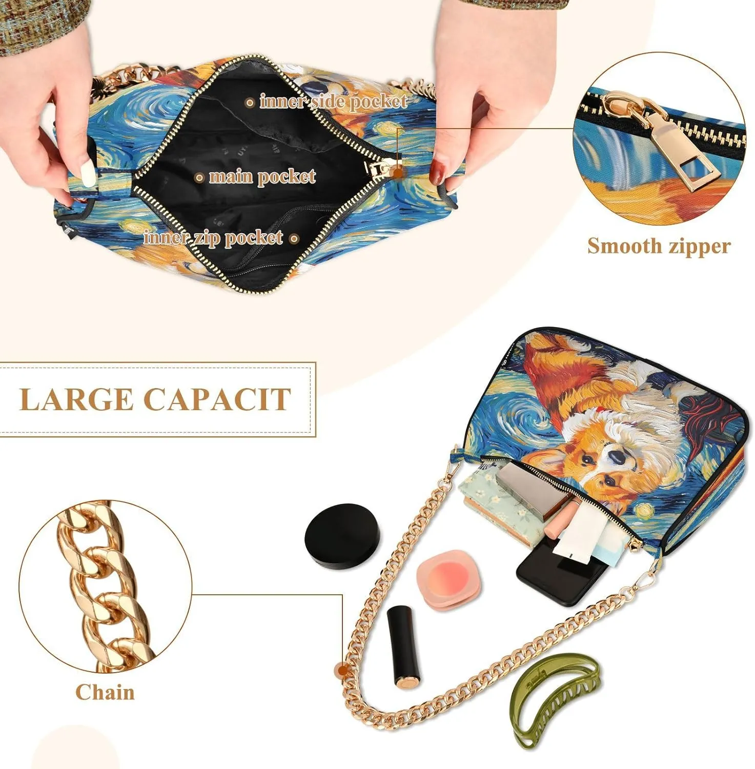 Chain Shoulder Bag Hobo Tote Handbag Mini Clutch Purse with Zipper Closure for Women