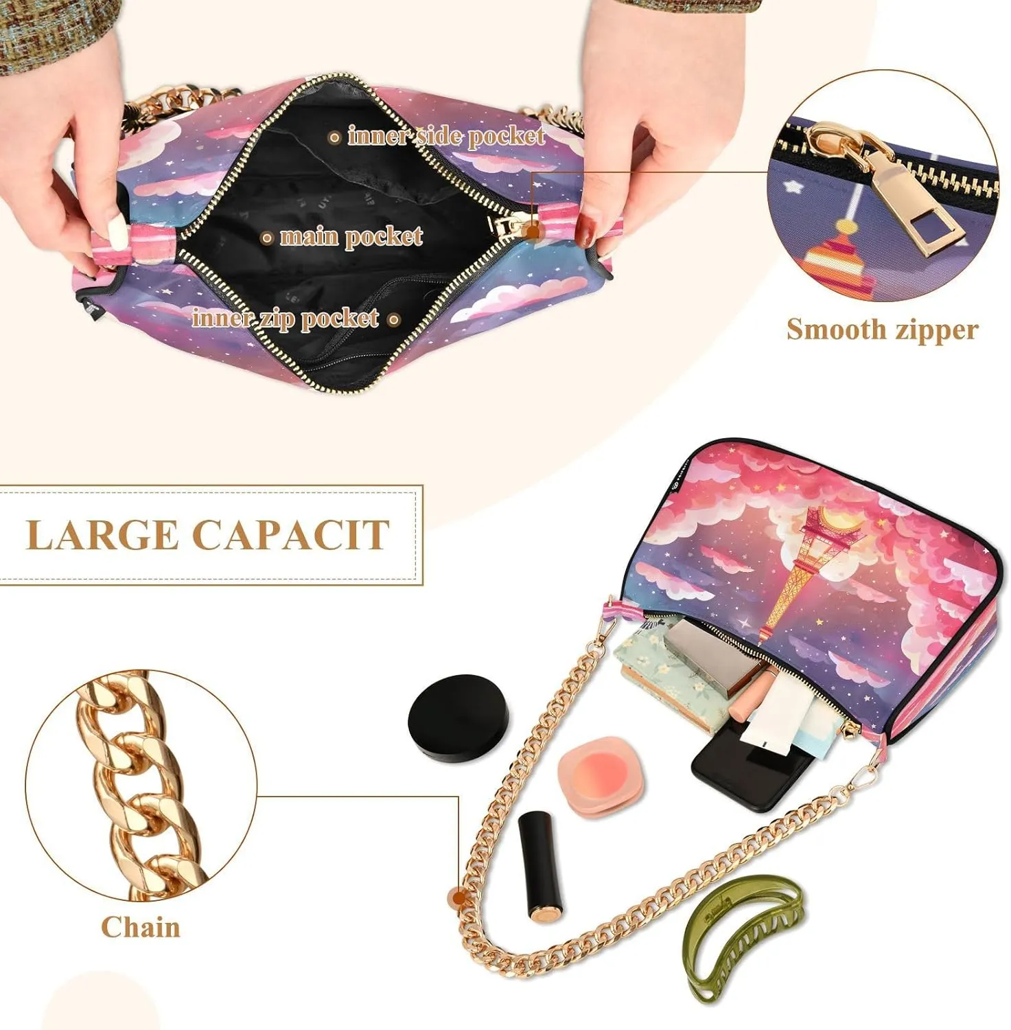 Chain Shoulder Bag Hobo Tote Handbag Mini Clutch Purse with Zipper Closure for Women