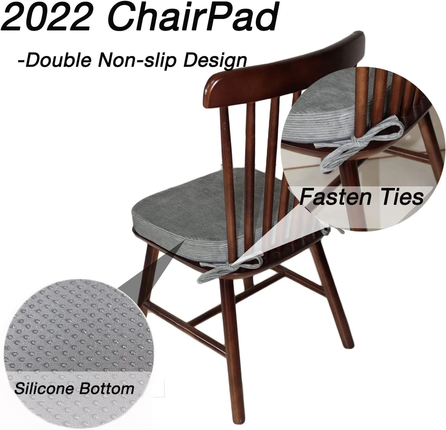 Chair Pads for Dining Room Chair - Non Slip Seat Cushions with Machine Washable Cover and Ties fit Metal Wooden Kitchen Chairs [14.5 X 15.5 X 2 Inches] - Gray