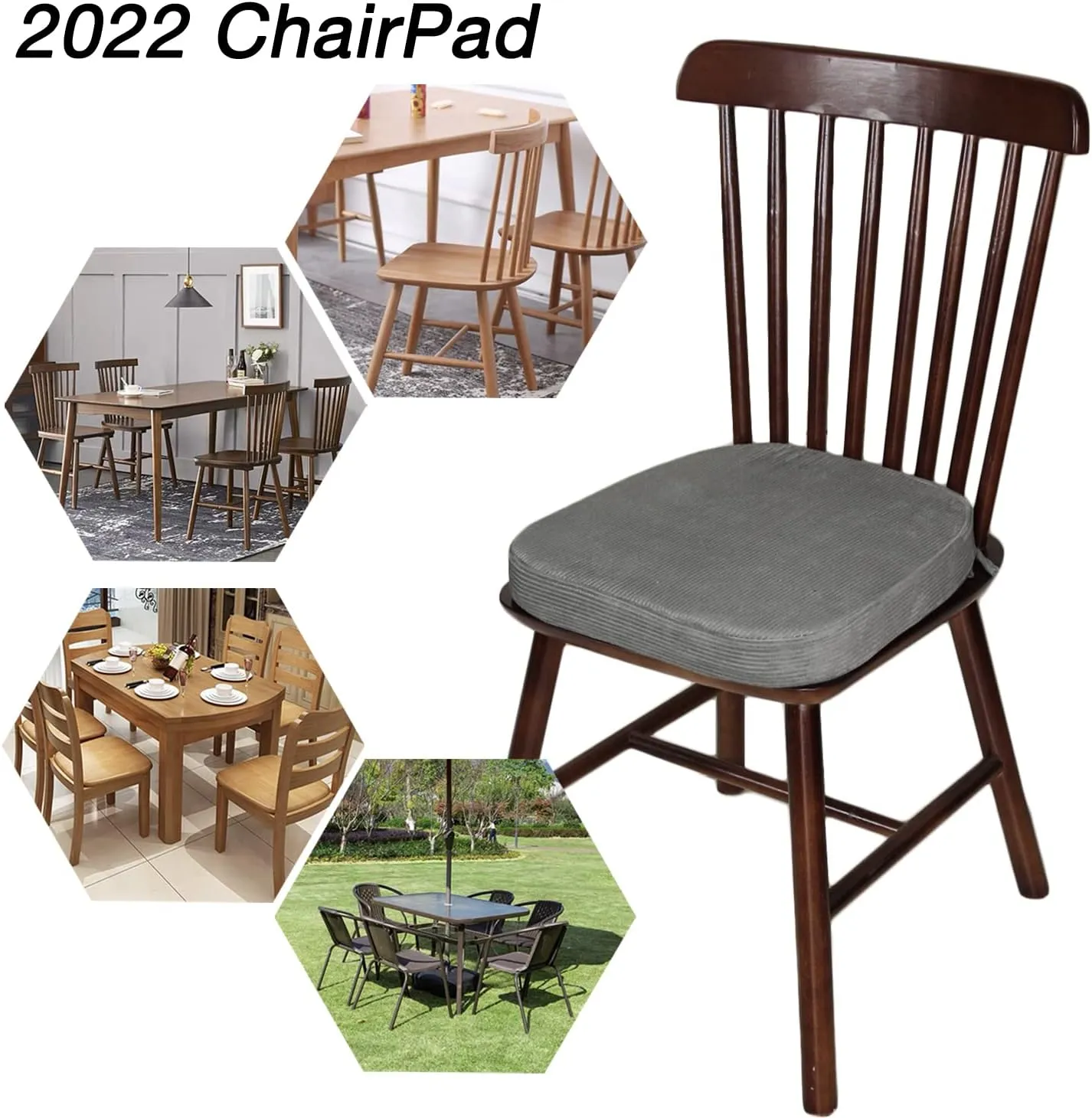 Chair Pads for Dining Room Chair - Non Slip Seat Cushions with Machine Washable Cover and Ties fit Metal Wooden Kitchen Chairs [14.5 X 15.5 X 2 Inches] - Gray