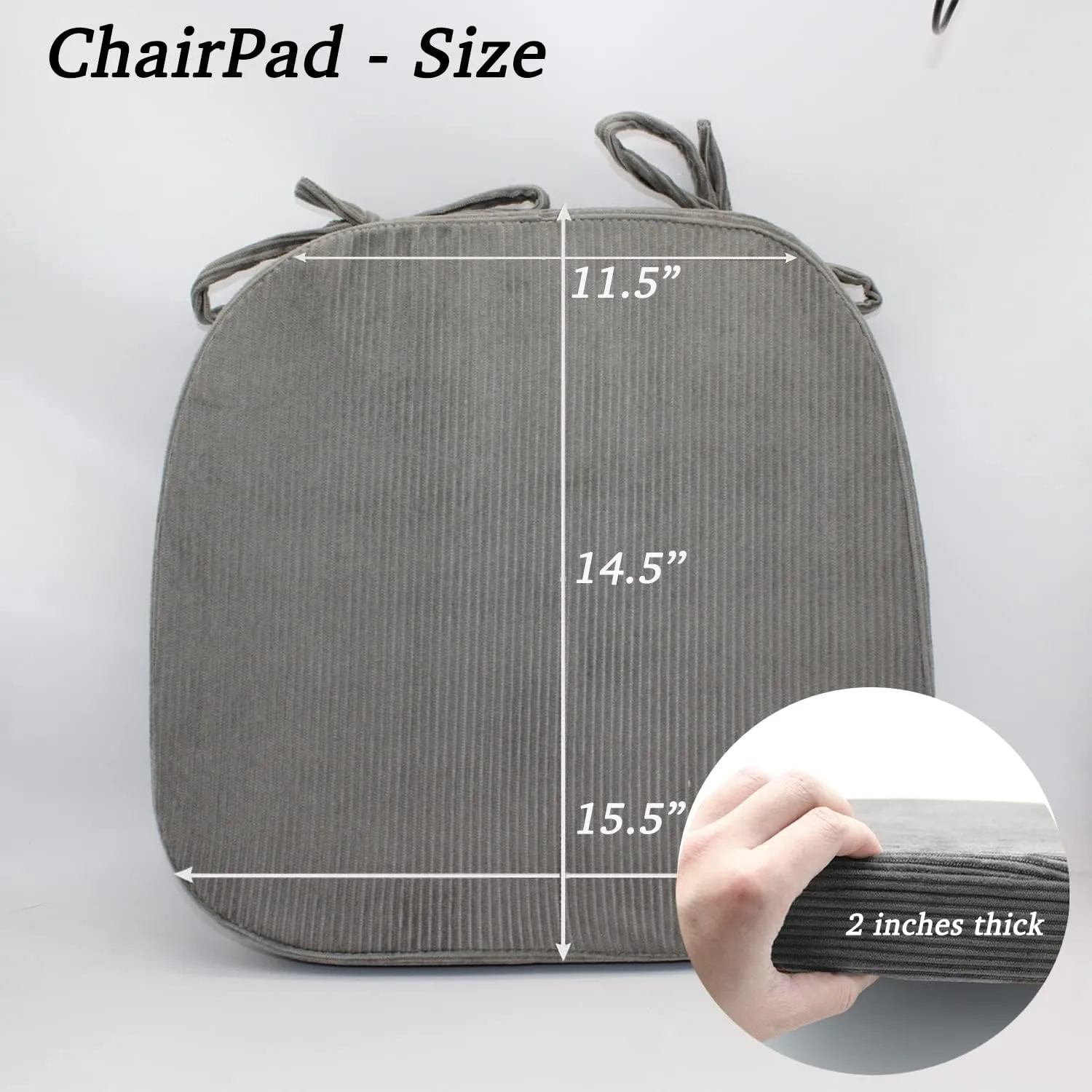 Chair Pads for Dining Room Chair - Non Slip Seat Cushions with Machine Washable Cover and Ties fit Metal Wooden Kitchen Chairs [14.5 X 15.5 X 2 Inches] - Gray