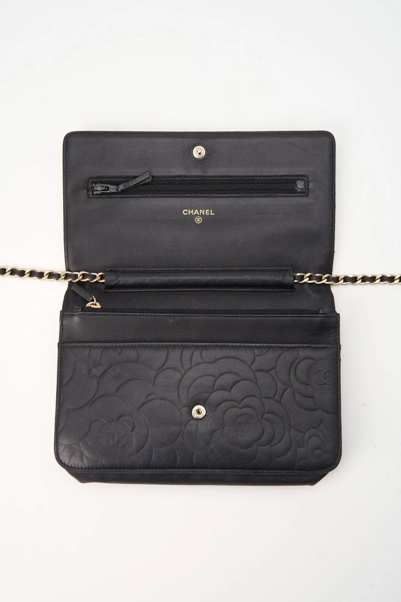 Chanel Black Lambskin Leather Floral Wallet On Chain