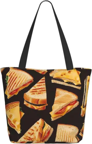 Cheese Sandwiches Printed Tote Bag for Women Large Handbag Lightweight Shoulder Bag with Zipper for Shopping, School, Work, Travel, Black, One Size, black, Einheitsgröße