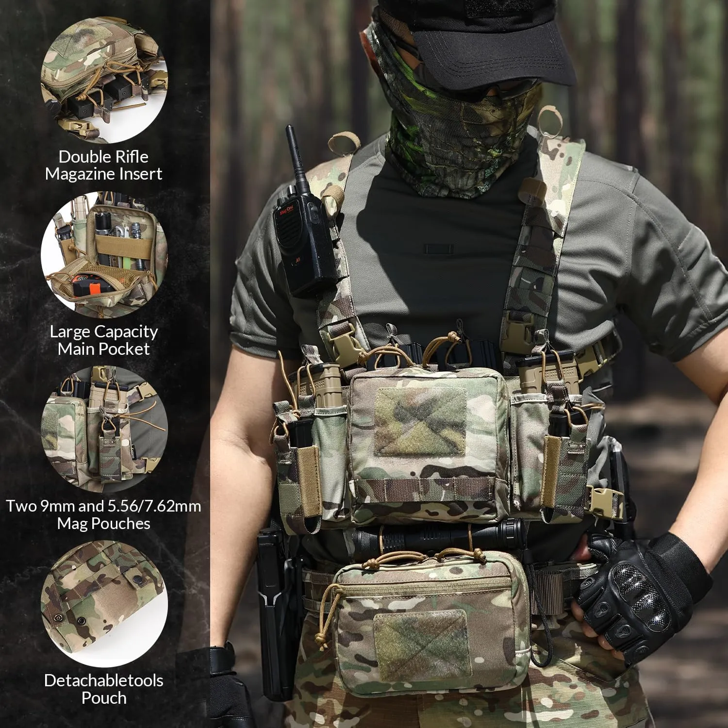 Chest Rig-Tactical Chest Rig, Adjustable & Detachable Molle Micro Chest Rigs, with 5.56/7.62 Magazine Pouch