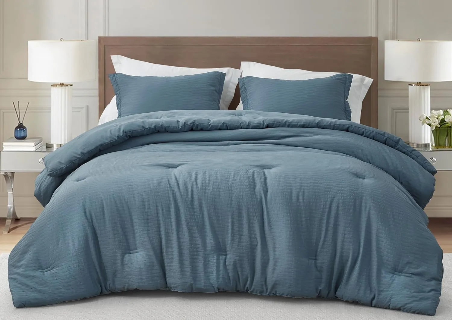 Chezmoi Collection Calvin 3-Piece Jacquard Comforter Set King Size, Blue Textured Woven Lightweight Comforter Bedding for All Season (1 Comforter 108x94 inches, 2 Shams)