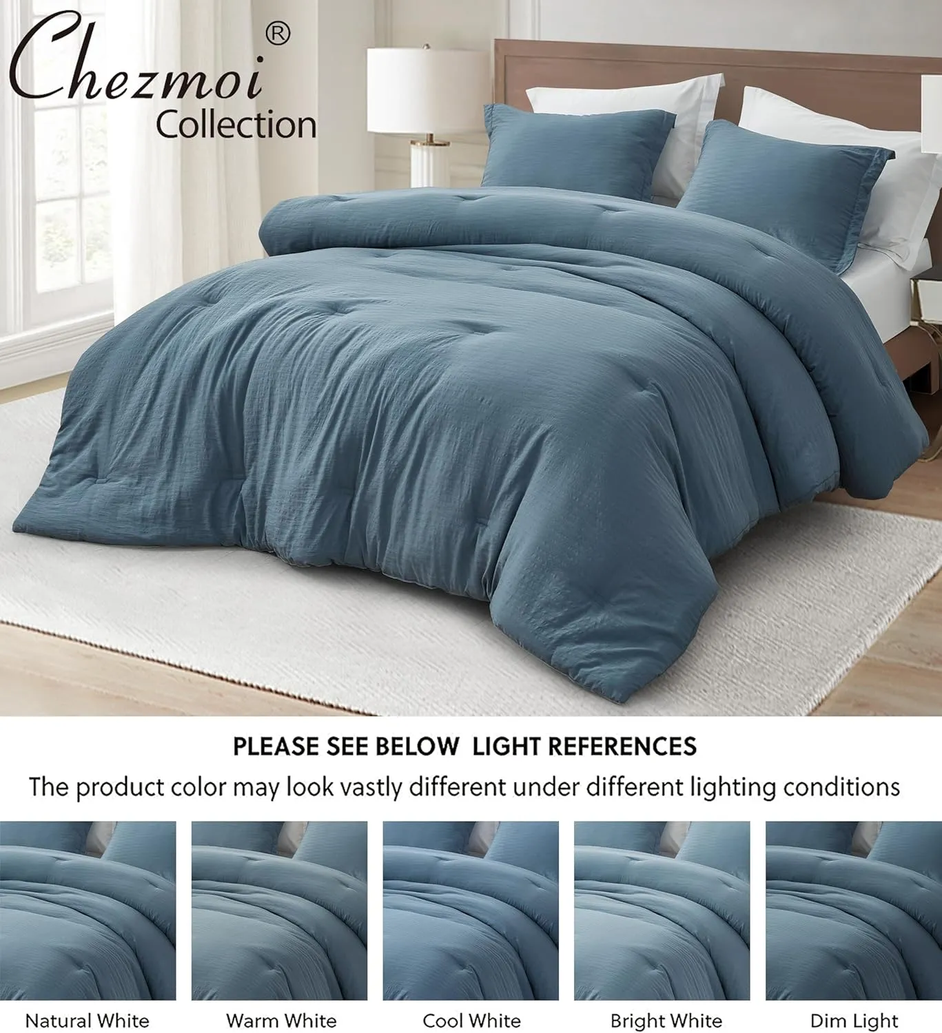Chezmoi Collection Calvin 3-Piece Jacquard Comforter Set King Size, Blue Textured Woven Lightweight Comforter Bedding for All Season (1 Comforter 108x94 inches, 2 Shams)