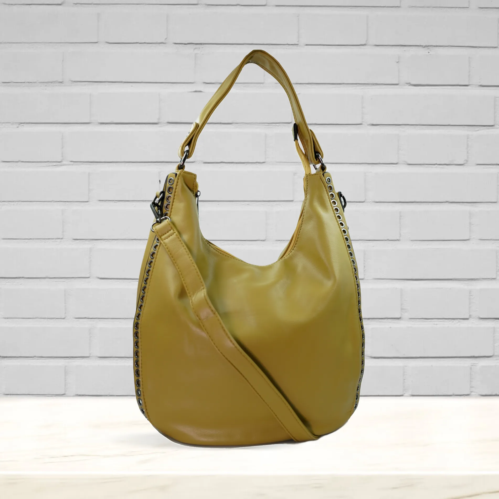 Chic Mustard Hobo Bag with Eyelet Trim and Strap