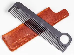 Chicago Comb Model 1 Carbon Fiber Comb   English Tan Horween leather sheath, Made in USA, ultimate pocket and travel comb, smooth strong & light, anti-static, premium American leather sheath