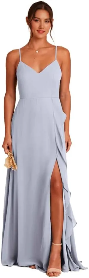 Chiffon Bridesmaid Dresses Spaghetti Straps Formal Dresses for Women with Cascade Ruffle and Straps