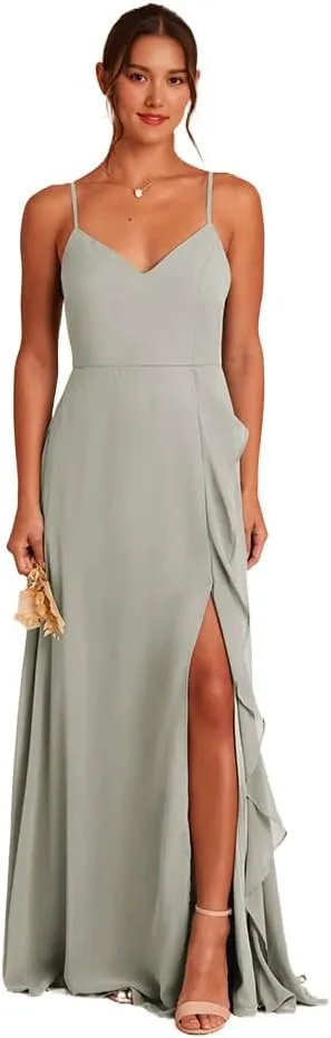 Chiffon Bridesmaid Dresses Spaghetti Straps Formal Dresses for Women with Cascade Ruffle and Straps