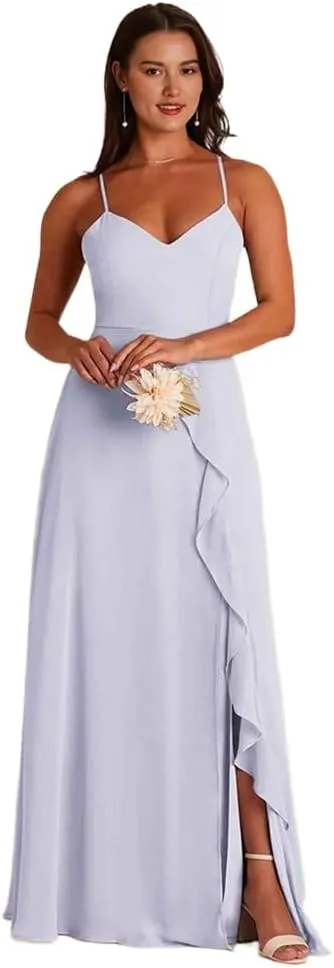 Chiffon Bridesmaid Dresses Spaghetti Straps Formal Dresses for Women with Cascade Ruffle and Straps